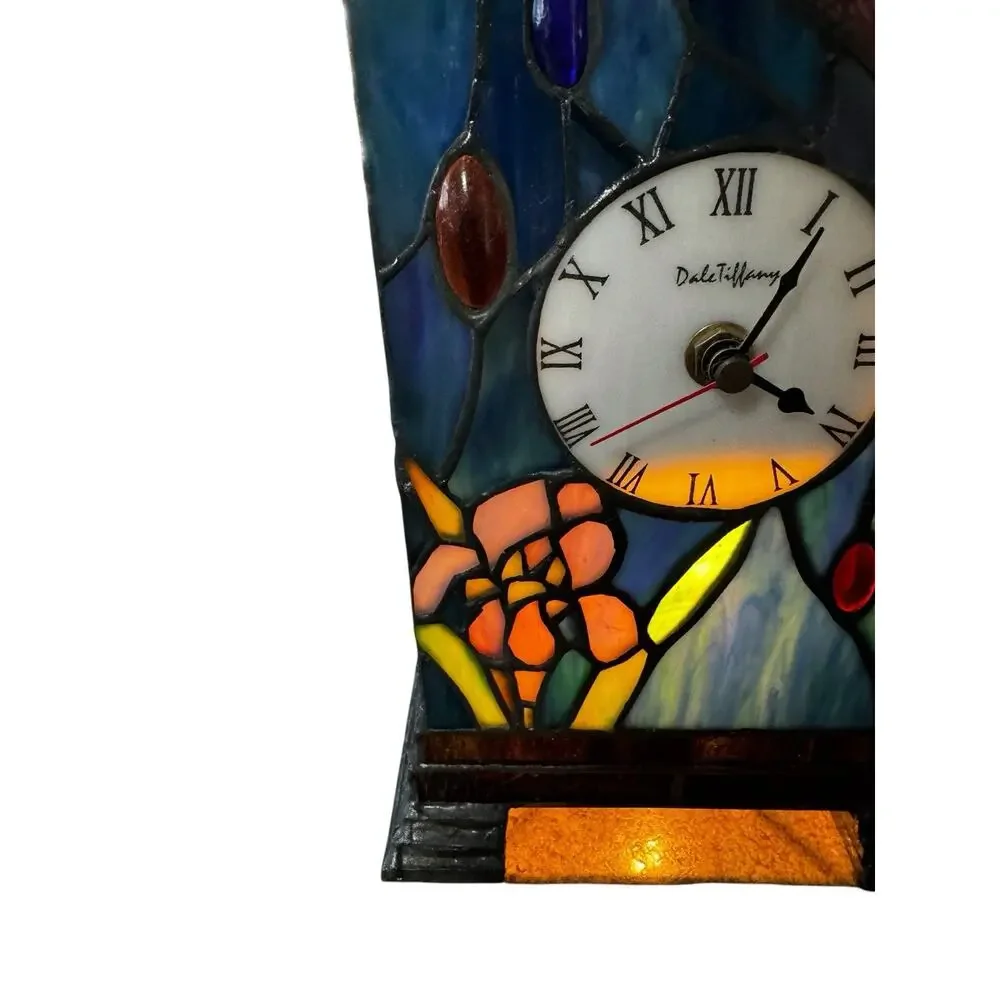 Dale Tiffany Stained Glass Dragonfly Floral Desk Clock Roman Numerals Multicolor